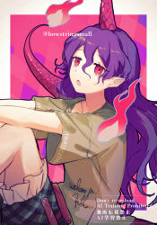 Rule 34 | 1girl, clothes writing, commentary request, english text, fire, green shirt, horns, lizard tail, long hair, oito (bowstringsmall), open mouth, pink horns, pointy ears, purple hair, red eyes, shirt, short sleeves, single horn, solo, tail, tenkajin chiyari, test tube, touhou, twitter username, very long hair, watermark