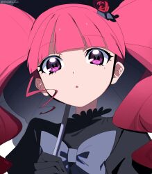 1girl black_dress black_gloves dress eto151110 gloves highres holding holding_umbrella long_hair looking_at_viewer marie_&amp;_gali marika_(marie_&amp;_gali) mole mole_under_eye parted_lips pink_hair solo twintails twitter_username umbrella upper_body