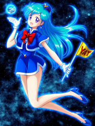 1girl blue_footwear blue_hair blue_hat blue_skirt bow bowtie earrings female_focus flag glint gloves hat high_heels highres jewelry looking_at_viewer mimimix orb purple_eyes red_bow red_bowtie skirt solo tenjouin_katsura white_gloves yat_anshin_uchuu_ryokou