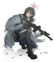 1girl ammunition_pouch assault_rifle bandaged_neck bandages black_hair blue_archive coat earpiece eotech_exps3 gloves grey_gloves gun halo handgun highres holster m4_carbine magazine_(weapon) maxturbo69 misaki_(blue_archive) pants pouch red_eyes red_halo rifle shell_casing simple_background strap suppressor torn_clothes torn_pants weapon white_coat