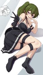 Rule 34 | 1girl, 1other, absurdres, ass, between breasts, black skirt, black socks, breasts, full body, green hair, highres, large breasts, lying, on side, open mouth, out of frame, pleated skirt, puroppa, purple eyes, rock paper scissors, side ponytail, skirt, smile, socks, solo focus, sousou no frieren, strap between breasts, thigh strap, thighs, ubel (sousou no frieren), v