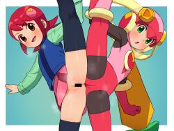 2girls aqua_shirt bar_censor black_thighhighs blue_vest blush bodysuit brown_eyes censored chiwino green_eyes helmet long_hair mayl_sakurai_(mega_man) mega_man_(series) mega_man_battle_network_(series) multicolored_bodysuit multiple_girls no_panties pink_bodysuit pink_helmet pink_skirt pussy red_bodysuit red_hair roll.exe_(mega_man) shirt skirt split standing standing_on_one_leg standing_split thighhighs vest
