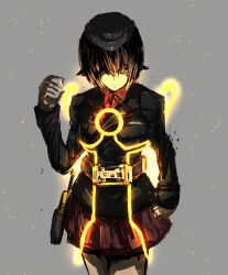 Rule 34 | 1girl, belt, black hat, black jacket, brown eyes, brown hair, clenched hand, closed mouth, commentary, cosplay, cowboy shot, dress shirt, frown, garrison cap, girls und panzer, grey background, hat, highres, insignia, jacket, kabutowari, kamen rider, kamen rider (1st series), kamen rider orga, kamen rider orga (cosplay), kuromorimine military uniform, long sleeves, looking at viewer, military hat, military uniform, miniskirt, nishizumi maho, pleated skirt, red shirt, red skirt, shirt, short hair, skirt, solo, standing, wing collar