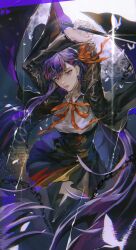 1girl absurdres anniversary arms_up bb_(fate) bb_(fate/extra) black_jacket black_skirt black_thighhighs bug butterfly chain chromatic_aberration fast_forward_button fate/extra fate/extra_ccc fate/grand_order fate_(series) glitch hair_between_eyes hair_ribbon highres holding holding_pointer insect jacket lips long_hair long_sleeves looking_at_viewer neck_ribbon parted_lips pointer purple_eyes purple_hair red_ribbon ribbon shirt signature skirt solo thighhighs two-sided_fabric two-sided_jacket very_long_hair white_shirt wide_sleeves zhuyunryunyun