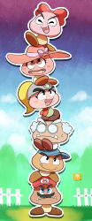 :d ?_block ^_^ absurdres ascot baseball_cap black_eyes block_(mario) blonde_hair blue_eyes blue_headwear blue_sky blush blush_stickers bow brother_and_sister closed_eyes closed_mouth cloud coke-bottle_glasses commentary_request day eyelashes facial_hair fang fangs fangs_out fence frown glasses goomba goombaria goombario goombella goombette grass grey_hair grey_headwear hat hat_bow helmet high_ponytail highres hill long_hair looking_at_another looking_at_viewer looking_up mario mario_(series) mustache nintendo no_humans open_mouth outline paper_mario paper_mario:_the_thousand-year_door paper_mario_64 picket_fence pink_bow pink_eyes pink_headwear ponytail professor_frankly red_ascot red_bow red_headwear round_eyewear siblings sky smile stacking star_(sky) starry_sky sun_hat super_mario_odyssey sweatdrop teeth tongue tory_(tory29) v-shaped_eyebrows white_outline wooden_fence