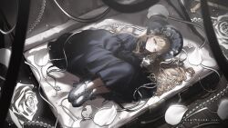 1girl black_bonnet black_dress black_shoes blonde_hair blunt_bangs blurry bonnet briefcase brown_eyes copyright_notice dress eyelashes flower frills full_body gem headdress highres long_sleeves looking_at_viewer lying nijisanji on_side parted_lips pearl_(gemstone) petals ribbon rose shoes sister_claire socks solo virtual_youtuber white_flower white_petals white_rose white_socks youichi_(45_01)