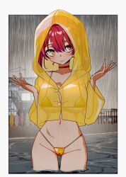 Rule 34 | 1girl, beach, bikini, blush, border, breasts, choker, closed mouth, commentary request, cowboy shot, gold bikini, hair between eyes, heterochromia, highleg, highleg bikini, highres, hololive, hood, hood up, houshou marine, jangmaseason, korean commentary, large breasts, looking at viewer, micro bikini, ocean, outdoors, outside border, rain, raincoat, red choker, red eyes, red hair, see-through clothes, see-through raincoat, shore, smile, solo, standing, string bikini, surfboard, swimsuit, virtual youtuber, wading, water, white border, yellow eyes, yellow raincoat