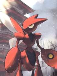 architecture bug colored_skin cowboy_shot east_asian_architecture gen_2_pokemon highres insect_wings nintendo pokemon pokemon_(creature) red_skin redamber334 scizor snow standing sunlight wings yellow_eyes