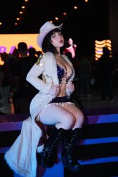 Rule 34 | 1girl, black hair, blunt bangs, boots, breasts, cosplay, fegalvao, female focus, high heel boots, high heels, highres, large breasts, looking at viewer, medium hair, midriff, miniskirt, navel, nico robin, nico robin (alabasta), nico robin (cosplay), one piece, real life, skirt, solo