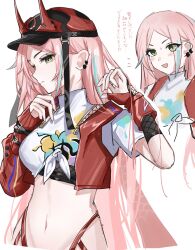 1girl :d baseball_cap black_hat crop_top green_eyes hair_down hat highres honkai:_star_rail honkai_(series) horned_hat long_hair midriff multiple_views navel open_mouth pink_hair rappa_(honkai:_star_rail) red_vest shirt smile stomach tied_shirt translation_request very_long_hair vest white_shirt yr0_gg