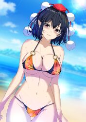 1girl alternate_costume arms_at_sides bare_shoulders bikini black_bikini black_hair blue_sky blush breasts cleavage closed_mouth collarbone commentary_request cowboy_shot curvy day dutch_angle eyelashes groin hair_between_eyes halterneck hat highres kitaura_kasumi large_breasts leaf_print lens_flare looking_at_viewer maple_leaf_print medium_hair multicolored_bikini navel ocean orange_bikini outdoors partial_commentary pointy_ears pom_pom_(clothes) print_bikini red_eyes red_hat shameimaru_aya skindentation sky smile solo stomach sunlight swimsuit thigh_gap tokin_hat touhou two-tone_bikini wet