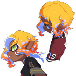 1boy absurdres black_shirt blonde_hair dark-skinned_male dark_skin gradient_hair green_eyes highres inkling_boy inkling_player_character male_focus multicolored_hair multiple_views nintendo orange_hair parted_lips pointy_ears profile red_shirt shirt short_hair short_sleeves simple_background splatoon_(series) surume01417 tentacle_hair thick_eyebrows white_background