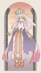 Rule 34 | 1girl, 2s0y04, arm tattoo, blonde hair, blue eyes, breasts, closed mouth, crown, elicia (luminous arc 2), fingerless gloves, full body, gloves, gold crown, long sidelocks, looking to the side, luminous arc, luminous arc 2, medium breasts, orange shorts, pink robe, robe, shorts, sidelocks, solo, tattoo, veil