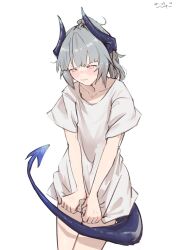 Rule 34 | 1girl, :|, alternate costume, arknights, blue horns, blush, closed mouth, collarbone, commentary request, dated, dot nose, dragon girl, dragon horns, dragon tail, embarrassed, grey hair, highres, horns, liskarm (arknights), looking at viewer, medium hair, naked shirt, orange eyes, pppmepl, shirt, shirt tug, signature, simple background, solo, t-shirt, tail, tail raised, white background, white shirt