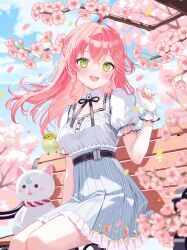 1girl 35p_(sakura_miko) absurdres ahoge belt bird black_ribbon blush braid branch cherry_blossoms commentary earrings falling_petals flower frilled_skirt frills green_eyes hair_ornament hairclip highres hololive jewelry long_hair looking_at_viewer neck_ribbon o-ring o-ring_belt on_bench open_mouth outdoors petals pink_flower pink_hair pink_nails pink_petals puffy_short_sleeves puffy_sleeves ribbon sakura_miko sakura_miko_(street) short_sleeves sitting skirt solo striped_clothes striped_skirt vertical-striped_clothes vertical-striped_skirt virtual_youtuber yuzuriha_(nx_e78)