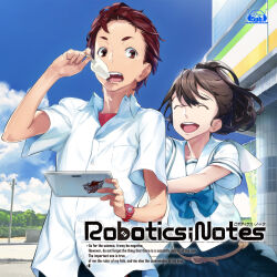 Rule 34 | 1girl, 5pb., album cover, bow, brown hair, chest bow, chuo tanegashima high school uniform, cover, fukuda tomonori, hair between eyes, highres, holding, holding tablet pc, leather belt, long hair, miniskirt, official art, open mouth, pleated skirt, ponytail, ribbon, robotics;notes, sailor collar, school uniform, senomiya akiho, serafuku, shirt, skirt, smile, tablet pc, white sailor collar, white shirt, yashio kaito