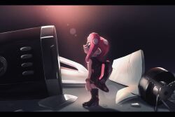 1girl agent_8_(splatoon) anklet backpack bag black_bag black_boots black_shirt black_skirt blender_(object) boots closed_mouth crop_top full_body glass_shards high_heel_boots high_heels highres jewelry letterboxed medium_hair nintendo octoling oka_kabe orange_eyes parted_bangs pink_hair shirt skirt solo splatoon_(series) splatoon_2 splatoon_2:_octo_expansion standing tentacle_hair wristband