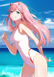 1girl ai-assisted aqua_eyes blue_sky breasts cloud covered_navel cowboy_shot darling_in_the_franxx day grin hairband hand_up highres horns long_hair looking_at_viewer matsu_homura medium_breasts ocean one-piece_swimsuit outdoors pink_hair red_horns sky smile solo swimsuit very_long_hair water white_hairband white_one-piece_swimsuit zero_two_(darling_in_the_franxx)