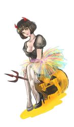 1girl bob_cut breasts brown_hair cleavage costume demon_horns dutch_angle female_focus fishnet_pantyhose fishnets halloween high_heels horns jack-o&#039;-lantern juliet_sleeves leaking legs lips long_sleeves looking_at_viewer low-cut noja on_pumpkin orange_eyes original pantyhose polearm puffy_sleeves rainbow_skirt short_hair simple_background sitting solo trident weapon white_background white_pantyhose