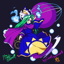 Rule 34 | 1girl, artist name, blue fire, bow, capelet, character name, comet summoner98, fire, ghost tail, green eyes, green hair, hair bow, hand on own head, hat, long hair, long sleeves, mima (touhou), multiple girls, ribbon, saturn (planet), skirt, smile, solo, star (symbol), sun, touhou, touhou (pc-98), transparent background, witch hat, wizard hat