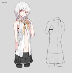 Rule 34 | 1girl, bare arms, bare shoulders, black pantyhose, black skirt, collared shirt, commentary, cropped legs, english commentary, grey background, heavily armed high school girls, holding neckerchief, looking at viewer, medium hair, miniskirt, multicolored hair, multiple views, navel, neckerchief, neco, open clothes, open shirt, orange neckerchief, pantyhose, pleated skirt, red eyes, red hair, reference sheet, shi (neco), shirt, simple background, skirt, sleeveless, sleeveless shirt, streaked hair, turnaround, white hair, white shirt