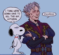 2boys animal_collar astarion baldur&#039;s_gate baldur&#039;s_gate_3 belt black_nails blue_background collar commentary crossed_arms crossover curly_hair dog dungeons_&amp;_dragons earrings english_commentary english_text fangs fingernails frilled_sleeves frills grey_hair hand_on_another&#039;s_arm harlequinides highres i_think_we&#039;re_gonna_have_to_kill_this_guy_steven_(meme) jewelry male_focus meme multiple_boys open_mouth peanuts_(comic) pointy_ears puff_and_slash_sleeves puffy_sleeves red_eyes renaissance_clothes sharp_fingernails size_difference slit_pupils snoopy speech_bubble thought_bubble upper_body vampire
