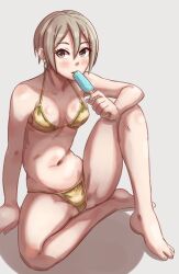 1girl alternate_costume arm_support bare_legs barefoot bikini blush breasts earrings eating food gold_bikini golden_week grey_hair hair_between_eyes halterneck highres holding holding_food holding_popsicle idolmaster idolmaster_cinderella_girls jewelry knee_up looking_at_viewer medium_breasts nan-chan navel popsicle shiomi_syuko short_hair sitting solo stomach string_bikini swimsuit
