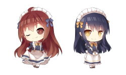 2girls ;) ahoge alternate_costume blue_hair blush bow brown_eyes brown_hair chibi crossdressing dress eiyuu_densetsu enmaided estelle_bright full_body gender_request genderswap joshua_bright long_hair looking_at_viewer maid maid_headdress multiple_girls one_eye_closed own_hands_together saru shoes simple_background skirt_hold smile sora_no_kiseki very_long_hair white_background white_legwear yellow_eyes