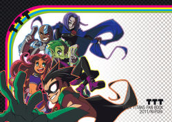 2girls 3boys animification bald beast_boy_(dc) black_hair cape cartoon_network checkered_background cloak colored_skin cover cover_page cyborg cyborg_(dc) dark_skin dc_comics dick_grayson domino_mask elbow_gloves forehead_jewel friends gloves green_eyes green_hair green_skin grey_skin ladama leotard long_hair mask midriff multiple_boys multiple_girls one-eyed one_eye_closed orange_skin purple_eyes purple_footwear purple_hair purple_shirt raven_(dc) red_hair robin_(dc) shirt shoes short_sleeves sleeveless starfire superhero_costume teen_titans v victor_stone wink
