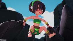1girl 3d animated anklet artist_name avatar:_the_last_airbender avatar_legends bare_shoulders barefoot black_hair bracelet breasts cliff cloud covered_erect_nipples crotch_cutout feet female_focus green_eyes green_hairband hair_between_eyes hairband highres jewelry kitrosun lips loli looping_animation midriff object_insertion outdoors pom_pom_(clothes) pussy rock short_hair sky small_breasts sound spread_legs stomach stomach_bulge strapless teeth thighs toes tongue tongue_out toph_beifong tube_top uncensored vaginal vaginal_object_insertion video