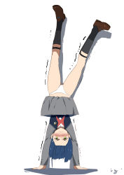 10s 1girl artist_name bad_id bad_pixiv_id black_socks blue_hair blush brown_footwear closed_mouth club3 darling_in_the_franxx dress embarrassed female_focus forehead full_body gluteal_fold green_eyes grey_dress hair_ornament hairclip handstand highres ichigo_(darling_in_the_franxx) kneehighs long_sleeves looking_at_viewer motion_lines nose_blush panties pantyshot short_hair signature simple_background socks solo trembling underwear upside-down v-shaped_eyebrows wavy_mouth white_background white_panties