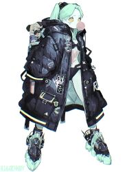 1girl artificial_eye bikini black_bikini black_jacket blank_stare bra chewing_gum colored_skin commentary cyberpunk_(series) cyberpunk_edgerunners cyborg dog full_body green_hair hood jacket l1m3candy looking_at_viewer mechanical_eye oversized_clothes oversized_jacket patch pocket print_shirt pug rebecca_(cyberpunk) shirt shoes sneakers stomach_tattoo streetwear swimsuit tattoo techwear twintails underwear urban white_background