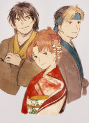 1girl alternate_costume black_hair blonde_hair commentary_request colored_bangs flik_(suikoden) frown gensou_suikoden gensou_suikoden_i headband japanese_clothes kimono maeka_(kumaekake) multiple_boys odessa_silverberg red_hair short_hair smile viktor_(suikoden)