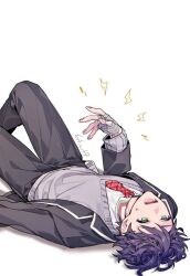 1boy 6tnut9 :d artist_name bandaged_hand bandages black_jacket black_pants blazer collared_shirt commentary_request green_eyes grey_sweater hand_up jacket kenmochi_touya kenmochi_touya_(1st_costume) knee_up lapels lightning_bolt_symbol long_sleeves looking_at_viewer lower_teeth_only lying male_focus necktie nijisanji on_back open_clothes open_jacket open_mouth pants plaid_clothes plaid_necktie purple_hair red_necktie school_uniform shirt short_hair simple_background smile solo sweatdrop sweater teeth virtual_youtuber white_background white_shirt wing_collar