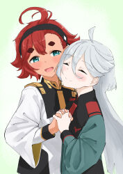 2girls absurdres ahoge asticassia_school_uniform blue_eyes blush closed_eyes closed_mouth commentary_request green_background green_jacket grey_hair gundam gundam_suisei_no_majo hachibiteru highres holding_hands interlocked_fingers jacket long_hair miorine_rembran multiple_girls open_mouth red_hair school_uniform smile suletta_mercury thick_eyebrows white_jacket yuri