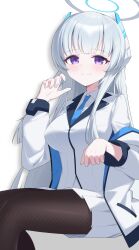 1girl absurdres black_pantyhose blue_archive blue_necktie closed_mouth collared_shirt commentary halo headgear highres invisible_chair jacket jei_(user_tckk7448) long_hair long_sleeves looking_at_viewer necktie noa_(blue_archive) pantyhose pleated_skirt purple_eyes shirt simple_background sitting skirt solo white_background white_hair white_halo white_jacket white_shirt white_skirt