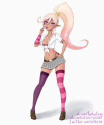 1girl absurdres amesuku_gyaru armlet asymmetrical_legwear blonde_hair blush bracelet bracer breasts breasts_apart candy commentary dark-skinned_female dark_skin earrings english_commentary food full_body genie genie_(monster_girl_encyclopedia) gold_choker gradient_hair gyaru hair_between_eyes hand_on_own_hip heart heart_necklace highres holding holding_candy holding_food holding_lollipop hoop_earrings jewelry kogal lollipop long_hair midriff monster_girl_encyclopedia multicolored_hair navel necklace pink_hair pointy_ears ponytail purple_eyes shirt simple_background skirt small_breasts solo standing thighhighs tied_shirt uneven_legwear valldor watermark web_address white_shirt