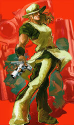 1other 2boys absurdres boingo book brown_hair cigarette cowboy_hat emperor_(stand) green_shirt gun handgun hanged_man_(stand) hat highres hol_horse holding holding_book holding_gun holding_weapon jojo_no_kimyou_na_bouken long_hair male_focus monochrome_background motion_lines mouth_hold multiple_boys pants pelvic_curtain red_background revolver scared shirt short_sleeves smile stand_(jojo) stardust_crusaders tank_top teeth thoth_(stand) uu0000322 weapon weapon_background wristband yellow_hat yellow_pants yellow_tank_top