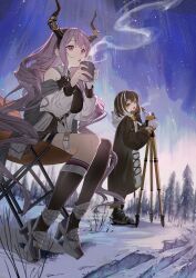 Rule 34 | 2girls, :d, absurdres, adversarial noise, arknights, asymmetrical legwear, bare shoulders, belt, black hair, black horns, breath, brown pantyhose, brown socks, cold, commentary, cup, drink, fang, full body, gloves, high heels, highres, holding, holding drink, horns, kneehighs, long hair, long sleeves, looking afar, looking at viewer, magallan (arknights), meteor shower, mug, multicolored hair, multiple girls, natsuba002, open mouth, outdoors, pantyhose, pink eyes, pink hair, shoes, short hair, single kneehigh, single leg pantyhose, single sock, sitting, skin fang, sky, smile, snow, socks, standing, star (sky), starry sky, steam, streaked hair, thigh belt, thigh strap, typhon (arknights), uneven legwear, white belt, white gloves, white hair, white shoes, winter, yellow eyes, zipper pull tab