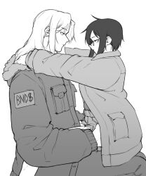 Rule 34 | 1boy, 1girl, adrian (yblndr), aurora (yblndr), coat, commentary, couple, english commentary, glasses, greyscale, hands on another&#039;s hips, hands on another&#039;s shoulders, hetero, highres, long hair, monochrome, original, short shorts, shorts, sitting, straddling, upright straddle, yblndr