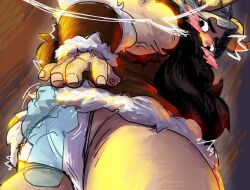1boy ass bara barry.d.sloth beard blush clothes_lift covering_ass covering_privates disembodied_hand dungeon_meshi dwarf facial_hair fake_horns from_below helmet highres horned_helmet horns lifting_another&#039;s_clothes loincloth long_beard male_focus mustache senshi_(dungeon_meshi) shirt_lift shy solo speech_bubble thick_mustache thighs very_long_beard