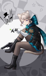 Rule 34 | 1girl, absurdres, animal ears, black gloves, black pantyhose, black skirt, boots, candy, cat ears, cat girl, cat tail, colored tips, facial mark, facial tattoo, food, full body, genshin impact, gloves, green hair, grey hair, gun, handgun, highres, holding, holding gun, holding weapon, jinwei qianbi, logo, lollipop, long sleeves, looking at viewer, lynette (genshin impact), multicolored hair, pantyhose, pleated skirt, purple eyes, scarf, short hair, sitting, skirt, solo, star (symbol), star facial mark, streaked hair, tail, tattoo, weapon