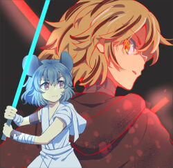 2girls alternate_costume animal_ears bandaged_arm bandaged_neck bandages black_background blonde_hair blue_lightsaber brown_hair cape energy_sword fighting_stance from_behind grey_hair highres lightsaber looking_back looking_to_the_side mouse_ears multicolored_hair multiple_girls nayozane_(worker7) nazrin purple_eyes red_lightsaber robe short_hair simple_background star_wars sword toramaru_shou touhou weapon white_robe yellow_eyes