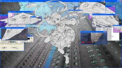 1girl absurdres angel blue_eyes building chinese_commentary closed_mouth commentary_request dress english_text expressionless full_body highres long_hair looking_at_viewer microsoft_windows original photo_background solo very_long_hair window_(computing) windows_xp xinggong_shili