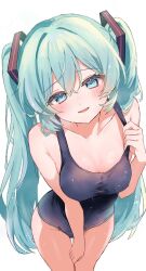 1girl aqua_eyes aqua_hair bare_arms bare_shoulders black_one-piece_swimsuit blue_one-piece_swimsuit blush breasts cleavage clothes_pull collarbone commentary_request feet_out_of_frame hair_between_eyes hair_ornament hatsune_miku highres leaning_forward long_hair looking_at_viewer medium_breasts natukisigure one-piece_swimsuit one-piece_swimsuit_pull open_mouth pulling_own_clothes revision school_swimsuit simple_background smile solo swimsuit thigh_gap thighs twintails very_long_hair vocaloid white_background