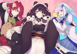 &gt;_&lt; 3girls :d ange_katrina ange_katrina_(1st_costume) animal_ears arm_up armband banken_(inui_toko) black_coat black_sash blue_armband blue_eyes blue_hair blue_skirt blue_thighhighs brown_hair brown_kimono buttons cardigan character_doll closed_mouth coat colored_inner_hair commentary_request crossed_bangs dog_ears double-breasted dress drop_shadow eyelashes flower frilled_skirt frills furisode_sleeves hair_between_eyes hair_flower hair_intakes hair_ornament hand_on_own_forehead heterochromia high-waist_shorts highres holding holding_stuffed_toy hota_hawk inui_toko inui_toko_(1st_costume) japanese_clothes kimono layered_skirt legwear_garter light_blush lize_helesta lize_helesta_(1st_costume) long_bangs long_hair long_sleeves looking_at_viewer lying maid_headdress mandragora_(ange_katrina) miniskirt multicolored_hair multiple_girls nijisanji obi obiage obijime off_shoulder on_back on_side open_mouth parted_lips pink_background pleated_skirt purple_eyes red_cardigan red_eyes red_hair rope sanbaka_(nijisanji) sash sebastian_piyodore shimenawa shirt short_dress short_hair shorts shrug_(clothing) sidelocks skirt sleeves_past_wrists smile streaked_hair stuffed_toy thighhighs triangle_hair_ornament two-tone_hair very_long_hair virtual_youtuber white_dress white_hair white_headdress white_shirt white_shrug white_skirt yellow_eyes zettai_ryouiki