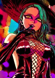 Rule 34 | 1girl, absurdres, aqua hair, bare shoulders, black dress, black eyeliner, black eyeshadow, black gloves, black lips, breasts, collar, dress, earrings, elbow gloves, eyeliner, eyeshadow, gloves, grey hair, hat, highres, jewelry, long hair, looking at viewer, makeup, niijima sae, oeilvert fft, persona, persona 5, shadow (persona), shadow sae, spiked collar, spikes, yellow eyes