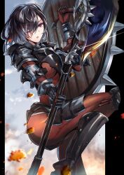 1girl armor asymmetrical_dual_wielding axe berengaria_(unicorn_overlord) black_border black_hair bodysuit border breastplate breasts commentary_request dual_wielding hair_over_one_eye highres holding holding_axe holding_shield holding_weapon knee_up large_breasts looking_ahead medium_hair musui_(user_khpx4855) one_eye_closed parted_lips purple_eyes red_bodysuit scar scar_across_eye scar_on_face shield solo spiked_shield unicorn_overlord weapon