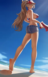 1boy 1girl absurdres ass barefoot beach bikini blonde_hair feet foot_worship highres licking_foot long_hair looking_back megaphone micro_shorts mimuxiao open_mouth ponytail red_eyes shorts soles swimsuit toes visor_cap