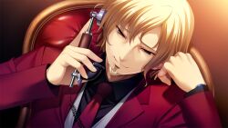 Rule 34 | 1boy, antique phone, beard, black shirt, blonde hair, chair, closed mouth, collared shirt, corded phone, facial hair, fumio (ura fmo), game cg, grisaia (series), grisaia no rakuen, heath oslo, holding, holding phone, jacket, long sleeves, male focus, narrowed eyes, necktie, non-web source, official art, phone, red eyes, red jacket, red necktie, shirt, short hair, smile, solo, suit jacket, talking on phone, upper body